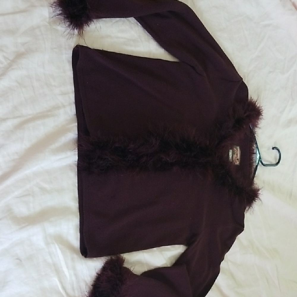 April Cornell Plum Cardigan with Faux Fur Trim